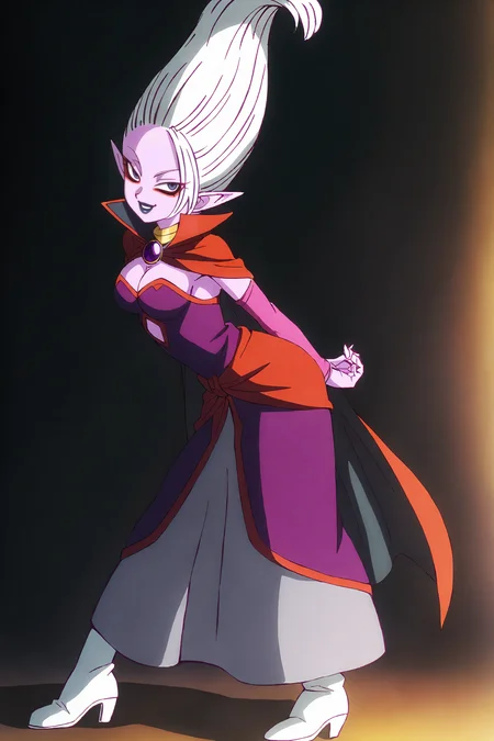 masterpiece, best quality, anime screencap,anime screencap,arinsu,1girl,solo,full body, pink skin, pointy ears, white hair, hair slicked up, blue-grey eyes, red eyeliner, black lips, asymmetrical bangs,front slit,grey long skirt,, purple layered dress, strapless dress,red sash, two-sided cape, red cape, black cape,clothing cutout, pink detached sleeves,purple brooch, gold neck ring, ,contrapposto,looking at viewer, dark room, dark,medium breasts,,cleavage, (from side:0.8), long hair, arms behind back, leaning forward, smile, white boots,teeth, blue-grey lips,arched back,high heels, <lora:DrArinsuIllusV2:1>