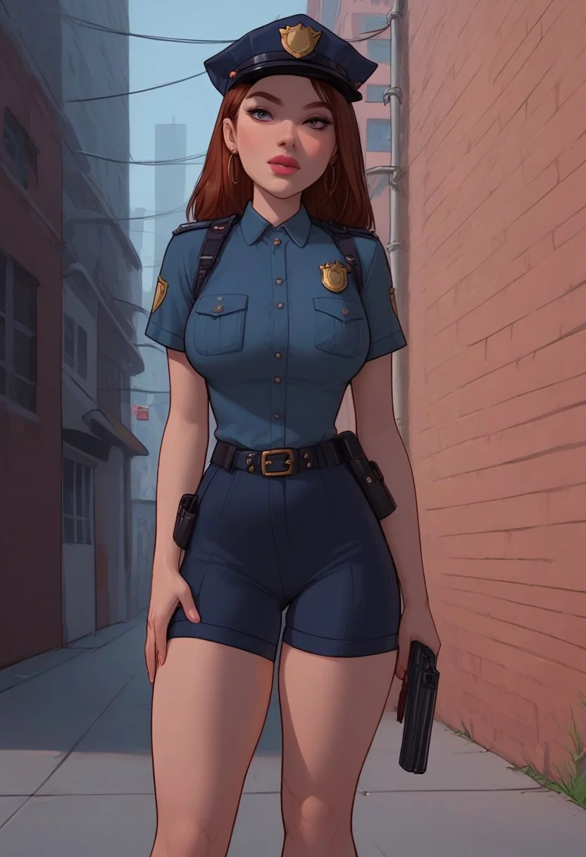 masterpiece,best quality, highly detailed, score_9, score_8_up, score_7_up, score_6_up,source_cartoon,
BREAK, slut, new York city police uniform, cap, shorts, great legs, huge tits, holding a police issue sidearm