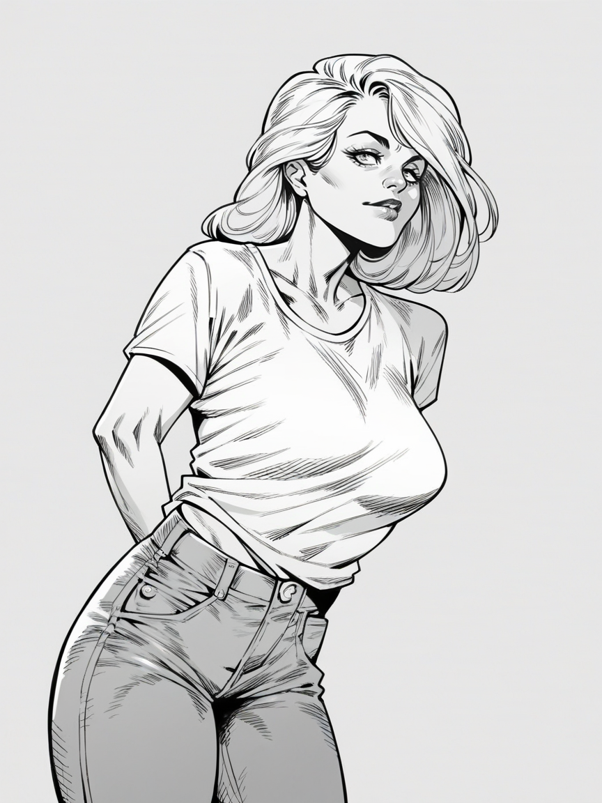 score_9, score_8_up, score_7_up, score_6_up, score_5_up,   <lora:WetherellXLP:1> wetherell, monochrome, greyscale, 1girl, jeans, t-shirt,