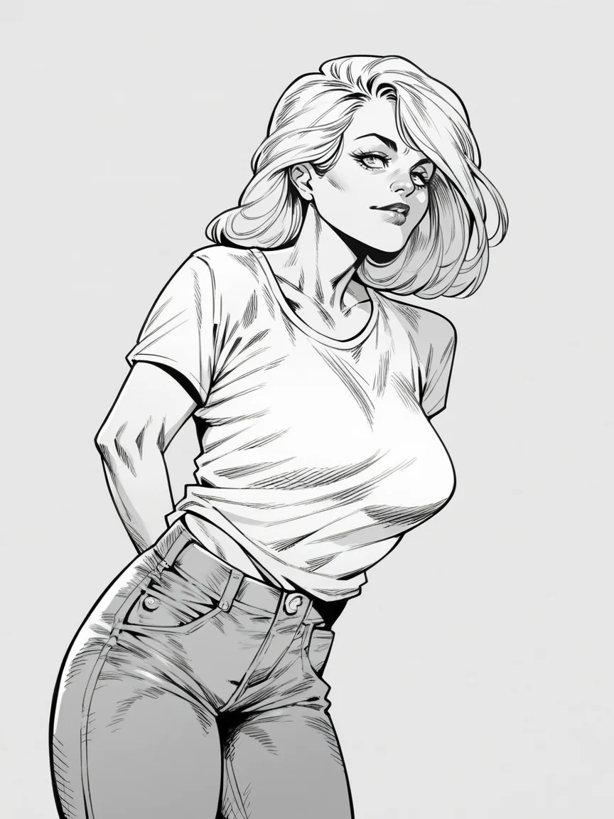 score_9, score_8_up, score_7_up, score_6_up, score_5_up, <lora:WetherellXLP:1> wetherell, monochrome, greyscale, 1girl, jeans, t-shirt,
