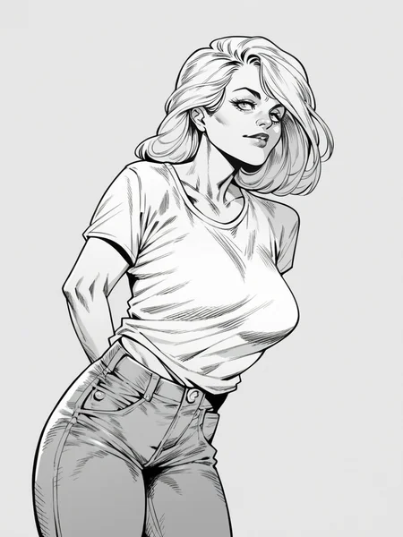 score_9, score_8_up, score_7_up, score_6_up, score_5_up, <lora:WetherellXLP:1> wetherell, monochrome, greyscale, 1girl, jeans, t-shirt,