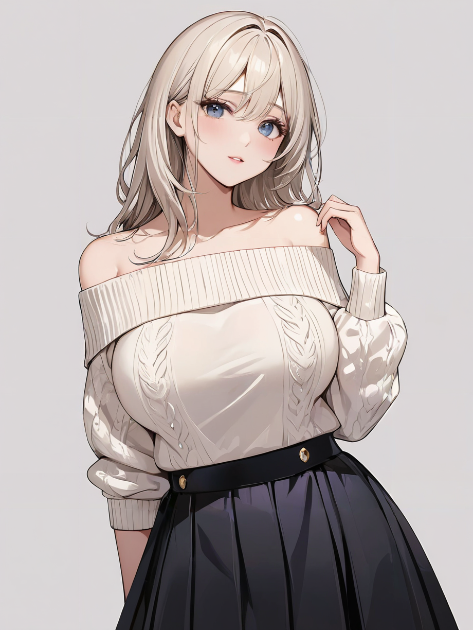 masterpiece,ultra-detailed,best quality,8K,illustration,cute face,clean skin ,shiny hair,girl,ultra-detailed-eyes,simple background, <lora:add-detail-xl:1> <lora:off shoulder sweater_XL_V1.0:0.8> off-shoulder sweater,skirt,big breasts