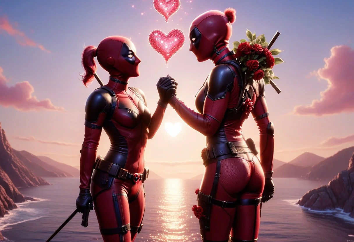a highly detailed digital pastel painting of ((lady deadpool proposing to lady deadpool, ral-vltne style, hearts in the air, love)), sexy, cute butt, mid shot, sunlight reflecting, close-up, intricate, volumetric lighting, masterpiece, best quality