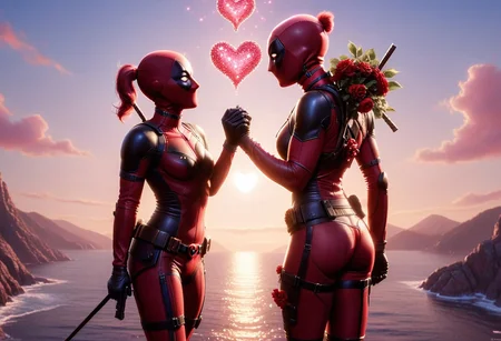 a highly detailed digital pastel painting of ((lady deadpool proposing to lady deadpool, ral-vltne style, hearts in the air, love)), sexy, cute butt, mid shot, sunlight reflecting, close-up, intricate, volumetric lighting, masterpiece, best quality