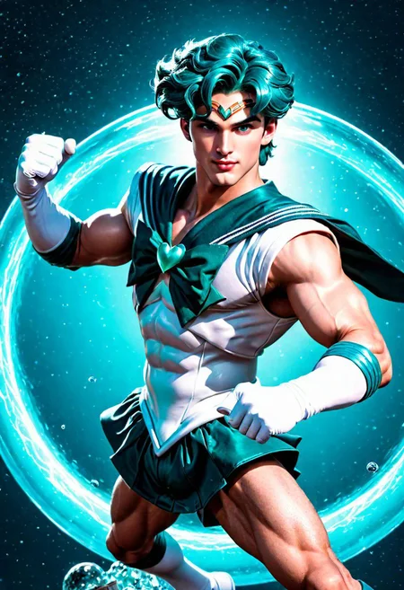 League of Legends, 1male, male focus, riot style, digital art, concept art, realistic, fantasy, 4k, best quality, masterpiece, extremely detailed, very detailed face, very detailed eyes, dynamic angle, seen from above, perspective shot, dynamic pose, fighting pose, 3D, vintage sci fi poster of a thin male, MAN, MALE, tall, gorgeous, male model, stunning, teal hair, wavy hair, long hair, hair to the shoulders, combed hair, fingerwave hairstyle, round face, huge plumped lips, big lips, blushed, videogame eyes, man only, seductive, beautiful, romantic, smirking, wearing a sailor neptune dress, sailor senshi uniform, holding a hand mirror, flying in space, surrounded by water, (cinematic light, volumetric), Cinematic Shot, splash art, Style-GravityMagic