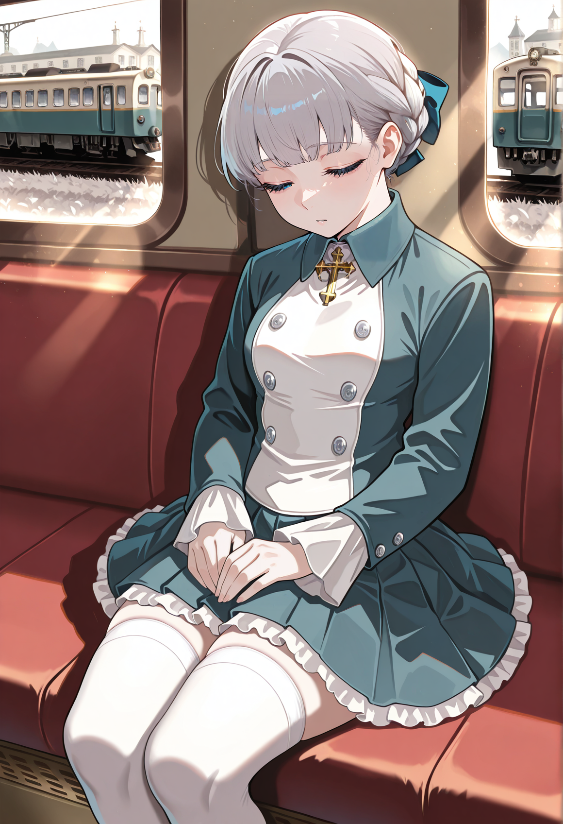 horror \(theme\), 1girl, solo, grey hair, blue eyes, braid, hair ribbon, cross, jacket, buttons, long sleeves, frills, pleated skirt, white thighhighs, victorian, sitting, indoors, train, sleeping, window, sunlight, <lora:Alice_Elliot:1>, masterpiece, best quality, amazing quality, very aesthetic, absurdres, highres, newest