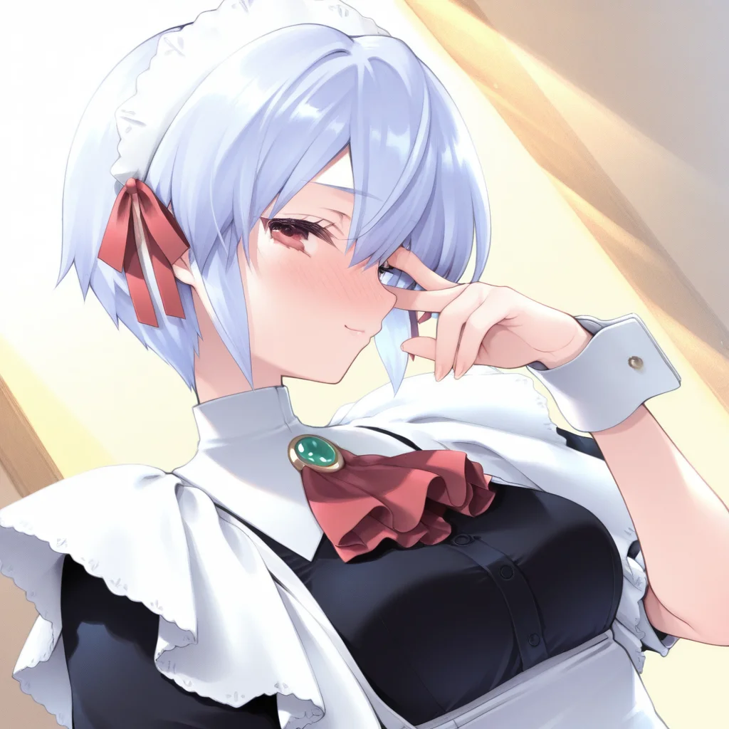 <lora:IL_kotonomiya_yuki_v2:1>,koto_yuki,blue short hair,red eyes,y_maiddress,y_maidapron,wrist cuffs,y_maidheaddress,red hair_ribbons,green brooch,red ascot,white collar,light smile,bashful,full-face blush,from below,looking at viewer,profile,v over eye,upper body,foreshortening,dutch angle,with a golden hue,behind lighting,sunlight,, masterpiece, highres, absurdres, detailed background, newest, best quality, good quality, amazing quality, great quality, very aesthetic