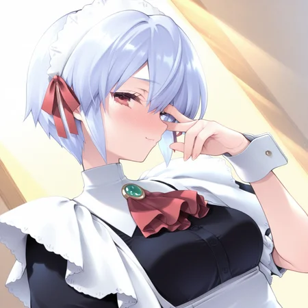 <lora:IL_kotonomiya_yuki_v2:1>,koto_yuki,blue short hair,red eyes,y_maiddress,y_maidapron,wrist cuffs,y_maidheaddress,red hair_ribbons,green brooch,red ascot,white collar,light smile,bashful,full-face blush,from below,looking at viewer,profile,v over eye,upper body,foreshortening,dutch angle,with a golden hue,behind lighting,sunlight,, masterpiece, highres, absurdres, detailed background, newest, best quality, good quality, amazing quality, great quality, very aesthetic