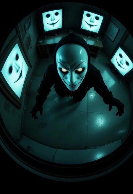 "A masked figure entering a locked, abandoned office building. The fisheye perspective captures flickering computer monitors turning on one by one, each displaying their own masked face with a sinister grin."
aidmacatched, aidmaHyperrealism, aidmafluxpro1.1