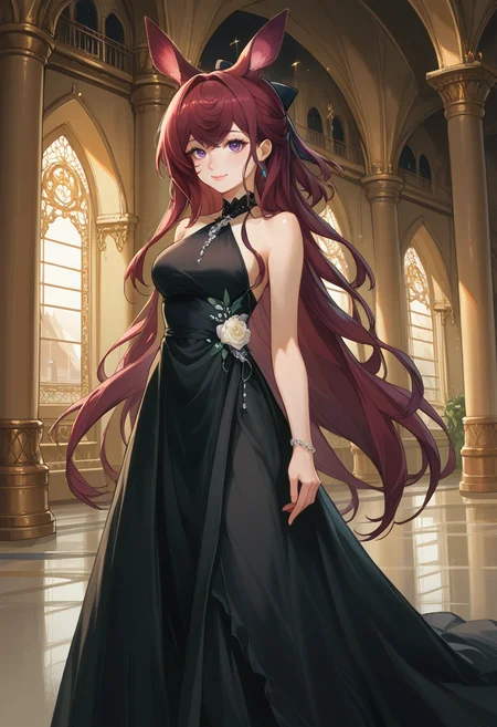 score_9, score_8_up, source_anime, 1girl, solo, RayArknights, animal ears, long hair, hair bow, elegant, long dress, black dress, halterneck, smile, indoors, palace, jewelry, standing, <lora:ChamRayArknightsPonyXL:1>