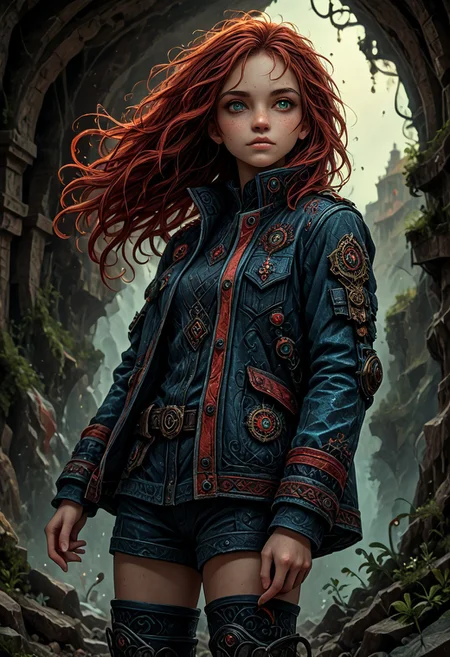 1girl, side view, she is Nausica of the Valley of the Wind, solo, masterpiece, absurdres, best quality, (colorful), cinematic lighting, realistic, dynamic pose, extremely detailed, head turned to look at viewer, red hair, beautiful detailed face,(intricate detailed blue short military jacket with gold inlaid, short miniskirt, military black boots), stands alone on top of a crag among the mountains with a deep valley below, there are big stone windmills down in the valley with their blades turning in the strong wind, solo, masterpiece, absurdres, dynamic pose, the Sun shines over her, sun rays in her hair,subsurface scattering, remarkable color, ultra realistic, textured skin, remarkable detailed pupils, realistic dull skin noise, visible skin detail, skin fuzz, dry skin, bokeh, sharp focus on subject. perfect eyes, detailed eyes, no headgear,extremely detailed, looking at viewer, beautiful detailed face, subsurface scattering, remarkable color, ultra realistic, textured skin, remarkable detailed pupils, realistic dull skin noise, visible skin detail, skin fuzz, dry skin, bokeh, sharp focus on subject. perfect eyes, detailed eyes,