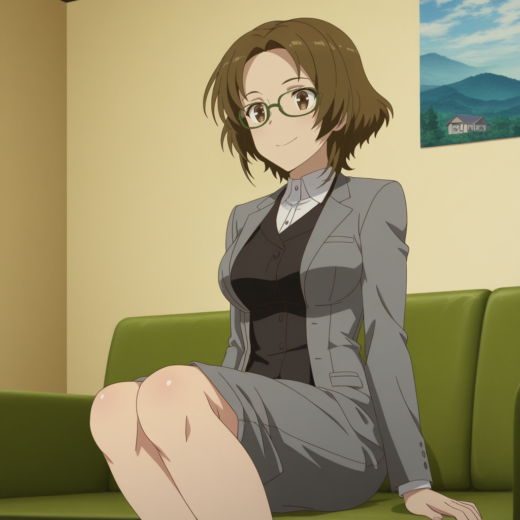 Rui Onda, toji no miko style, 1girl, solo, short hair, brown hair, brown eyes, medium breasts, green-framed eyewear, jacket, black vest, collared shirt, grey suit, brown shoes, sitting on couch, looking forward, happy, smile, legs together
BREAK
inside house
BREAK
anime screencap, anime coloring, anime colored background, detailed background, detailed face, shiny skin, shiny hair, absurdes, highres, dynamic pose, masterpiece, best quality, official art, cel shaded, graphic illustration, digital painting, CGI, very detailed, amazing quality, intricate details, dynamic pose, HDR, UHD, 8K, Fineline illustration, Highly detailed, ultra-fine painting, sharp focus, Professional, Vivid Colors <lora:add-detail-xl:1> <lora:DetailedEyes_V3:1> <lora:Toji_no_miko_character_pack_Illustrious:1>