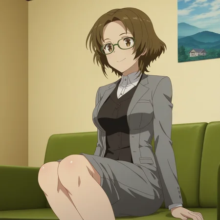 Rui Onda, toji no miko style, 1girl, solo, short hair, brown hair, brown eyes, medium breasts, green-framed eyewear, jacket, black vest, collared shirt, grey suit, brown shoes, sitting on couch, looking forward, happy, smile, legs together
BREAK
inside house
BREAK
anime screencap, anime coloring, anime colored background, detailed background, detailed face, shiny skin, shiny hair, absurdes, highres, dynamic pose, masterpiece, best quality, official art, cel shaded, graphic illustration, digital painting, CGI, very detailed, amazing quality, intricate details, dynamic pose, HDR, UHD, 8K, Fineline illustration, Highly detailed, ultra-fine painting, sharp focus, Professional, Vivid Colors <lora:add-detail-xl:1> <lora:DetailedEyes_V3:1> <lora:Toji_no_miko_character_pack_Illustrious:1>