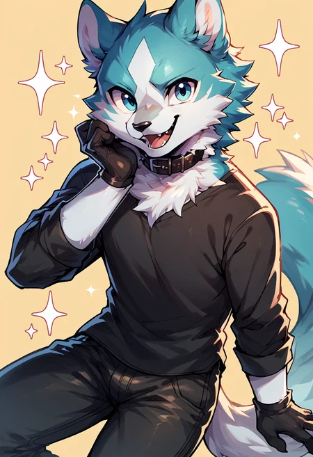 score_9, score_8_up, score_7_up, solo, shirou ogami, bna, 1boy, furry, black shirt, pants, gloves, collar, cute:1.3, chibi, happy, sparkle, simple background, looking at viewer, <lora:Shirou_Ogami:1>