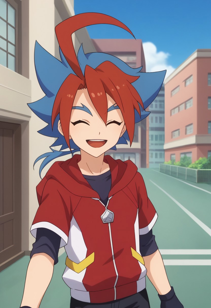 score_9, score_8_up, score_7_up, source_anime, highly detailed, 
yugamikado, male focus, 1boy, gloves, solo, blue hair, ahoge, ponytail, red hair, multicolored hair, two-tone hair, smile, pants, black pants, spiked hair, hoodie, red hoodie, hood, zipper pull tab, bangs, closed eyes, looking at viewer, standing, short sleeves, shirt, black shirt, upper body, smile, open mouth, portrati, hands behind hand,
outdoor, street, building, sky,