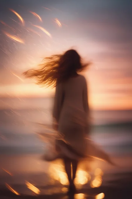<lora:Elizabeth Gadd Style:1>Elizabeth Gadd Style - Professional photography of blurred photo of woman on the beach overlooking the waves on a windy day at dusk water vapour glittering