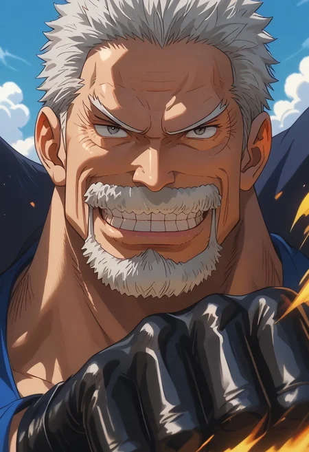 score_9, score_8_up, score_7_up, source_anime, rating_safe, fighting stance, male focus, black_Garp_transformed hand, GarpOP, white_Garp_old facial hair, grey_Garp_short hair, black_Garp_eyes, wide smile, teeth, 1boy, anime screencap,