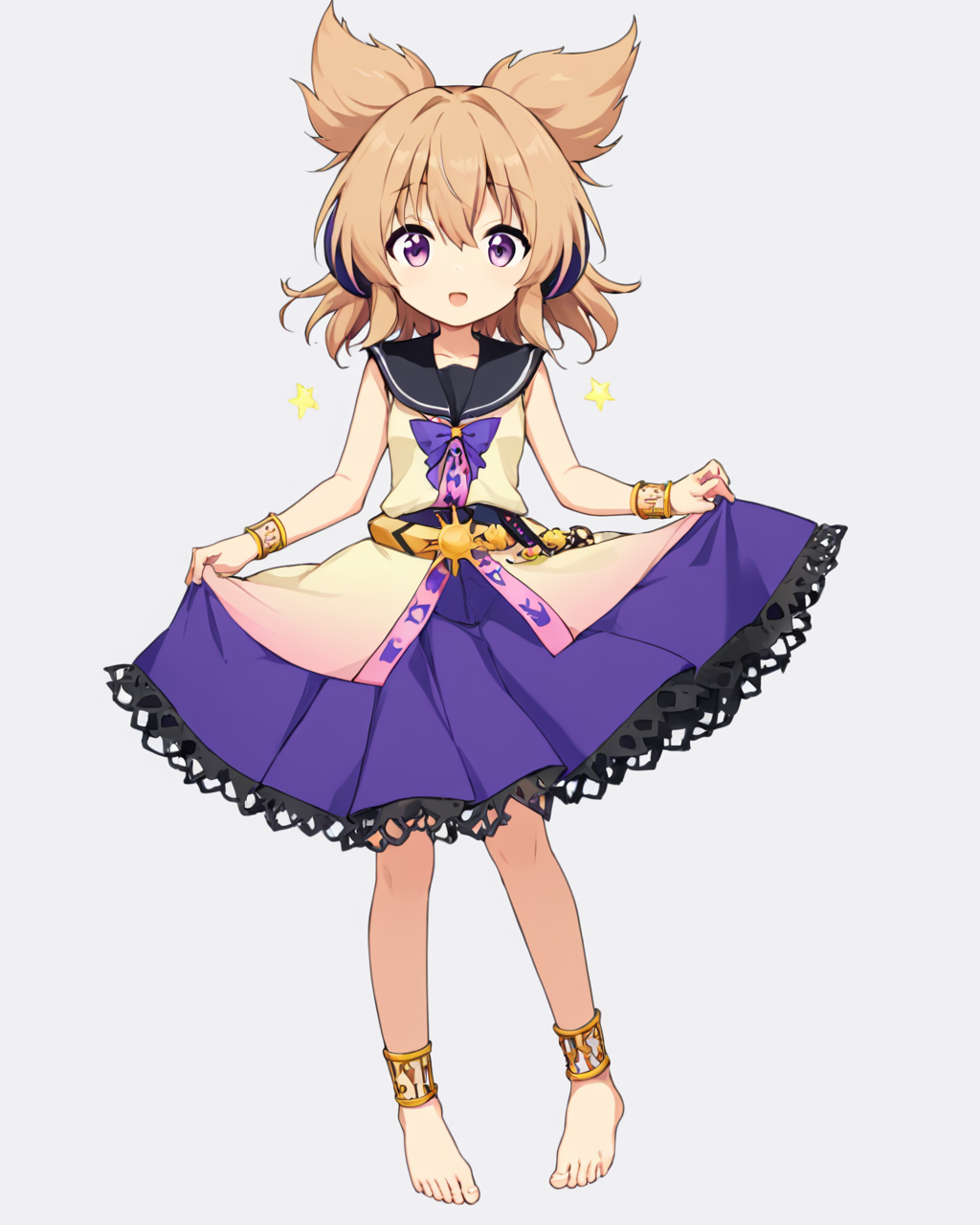 toyosatomimi no miko,1girl, solo, barefoot, earmuffs, simple_background, white_background, toes, feet, open_mouth, anklet, bracelet, purple_skirt, black_sailor_collar, full_body, sleeveless_shirt, looking_at_viewer, toenail_polish, one-hour_drawing_challenge
<lora:toyosatomimi_no_miko_image4798_2023-12-20-000009:1>,star-shaped_pupils,symbol-shaped_pupils,. gorgeous,key visual, vibrant, studio anime,award-winning, professional, highly detailed,high budget, cinemascope