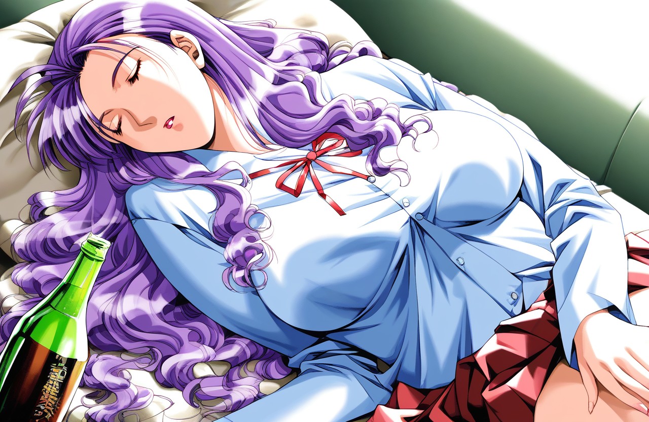 score_9, score_8_up, score_7_up, source_anime, rating_explicit, BREAK  <lora:Katagiri_Mirei_XL:1>Katagiri_Mirei, purple hair, long hair, lipstick, closed eyes, large breasts,
solo, 1girl, sleeping, closed eyes, bottle, long sleeves, parted lips, cup, drinking glass, school uniform