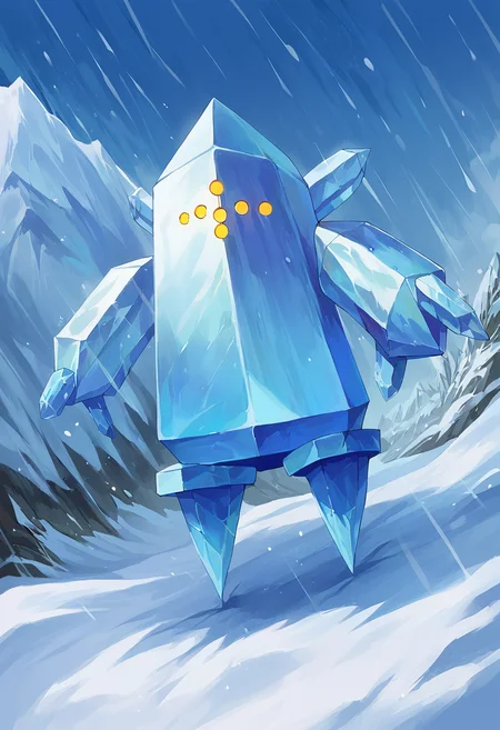 score_9,score_8_up,score_7_up,source_anime,zPDXL3,outdoors,snow,ice,snowing,sky,blue theme,solo focus,close up,
*//*,<lora:Poke_Regice-Pony:1>,reg_ice,solo,no humans,pokemon (creature),yellow eyes,ice,(crystal:1.2),see-through,clearite,
*//*,cowboy shot,dutch angle,dynamic pose,