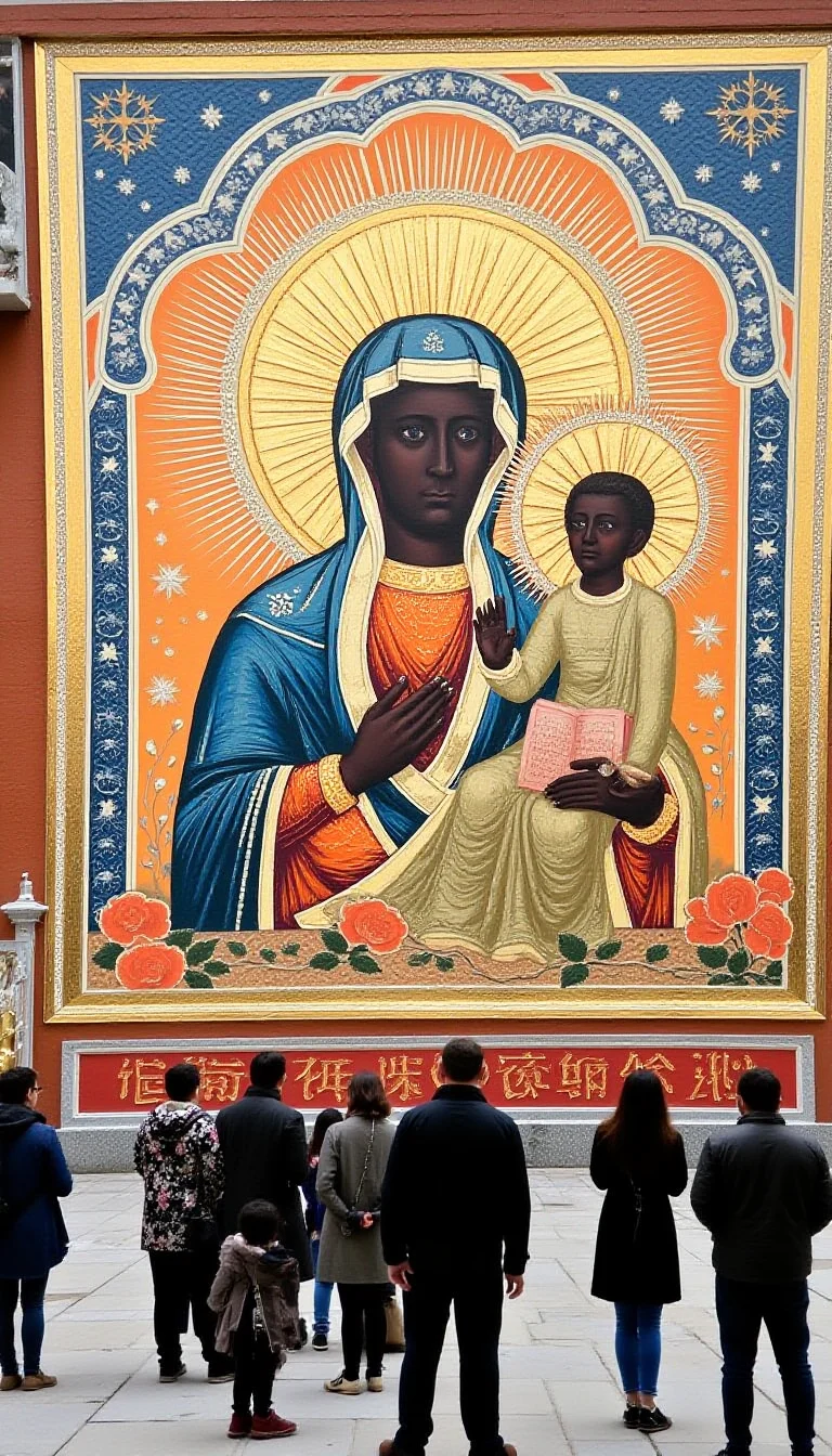 A large wall featuring an image of the @blckmdnna1 chinese_madonna and child with people standing around looking at it
<lora:blackmadonna.v1.@blckmdnna1.style.flux1d_epoch_7:1.2>