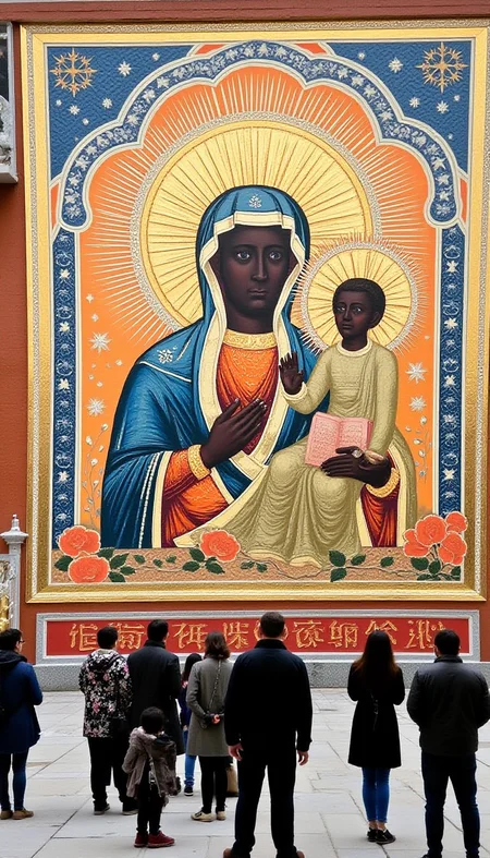 A large wall featuring an image of the @blckmdnna1 chinese_madonna and child with people standing around looking at it
<lora:blackmadonna.v1.@blckmdnna1.style.flux1d_epoch_7:1.2>