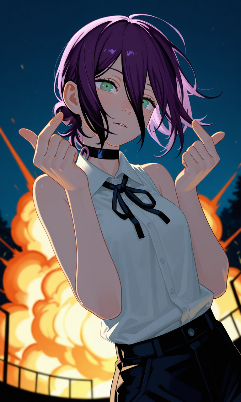 embedding:IllusP0s, sa1t, painterly, reze_\(chainsaw_man\), purple hair, green eyes, black choker, sleeveless, white shirt, black ribbon, black shorts, contrast lighting, outdoors, night, floating hair, explosion, blurry background, finger heart, low angle, fisheye, foreshortening,<lora:sait.safetensors:1.3:1.3>