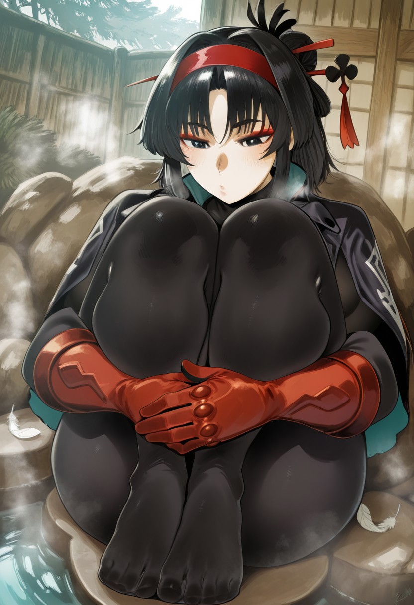 neisanILL,  outdoors, undershirt, falling feathers, black bodysuit, hair stick, hugging knees, knees to chest, gauntlets, eyeshadow, red gloves, two sides up, black capelet, red hairband, black eyes, 1girl, solo, feet, visible breath, dynamic angle, foreshortening, smell, steam, onsen, water
