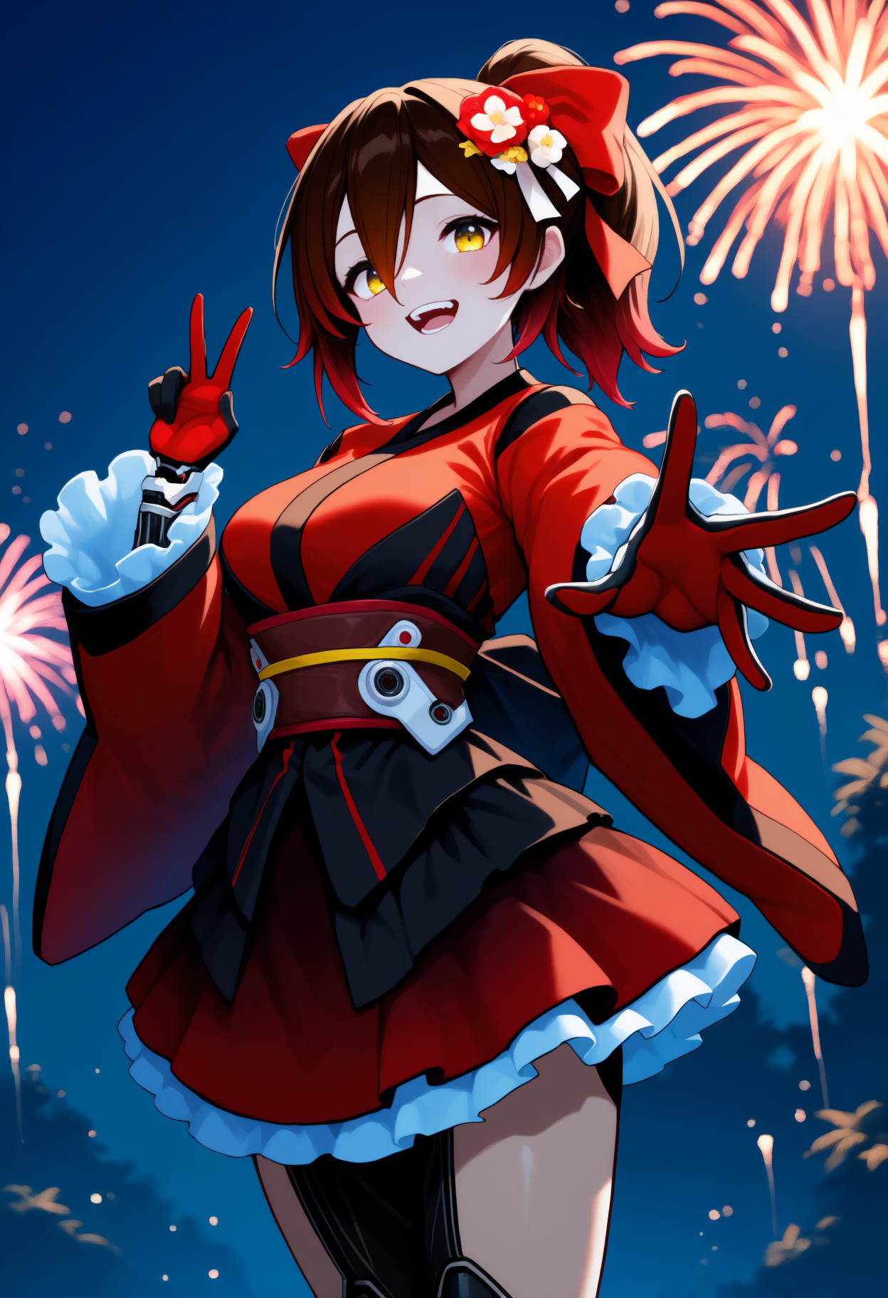 masterpiece, best quality, newest, anime, solo, 1girl, rbcsnnewyrs, android, mechanical arms, mechanical legs, :d, teeth, looking at viewer, standing, outstretched arm, v, long hair, gradient hair, brown hair, red hair, hair between eyes, ponytail, hair bow, red bow, hair flower, yellow eyes, japanese clothes, frills, red kimono, long sleeves, wide sleeves, frilled sleeves, sash, obi, red skirt, kimono skirt, frilled skirt, outdoors, night, fireworks
<segment:yolo-Anzhc Face seg 640 v2 y8n.pt,0.4,1//cid=11>