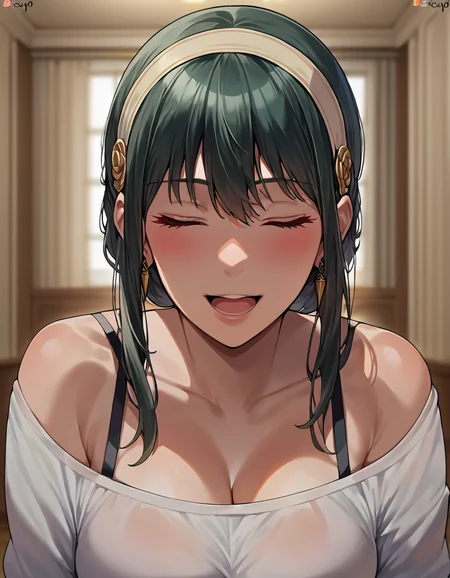 score_9, score_8_up, 2D, 1girl, solo, yor briar, upper body, indoors, blurred background, closed eyes, smile, open mouth <lora:ShexyoSDXL:1>