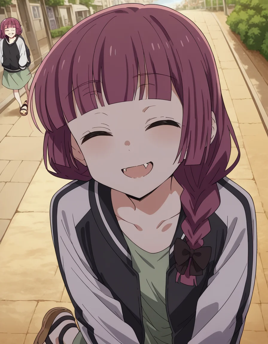 score_9, score_8_up, score_7_up, source_anime,
kikurihiroi, <lora:kikuri-hiroi-s1-ponyxl-lora-nochekaiser:1>,
kikuri hiroi, black bow, blunt bangs, braid, closed eyes, fang, hair bow, hair over shoulder, long hair, purple hair, sidelocks, single braid, fangs,
black jacket, brown footwear, collarbone, dress, green dress, jacket, long sleeves, open clothes, open jacket, raglan sleeves, sandals, white sleeves,
outdoors, street, bent over, smile,
cowboy shot, solo, dutch angle, looking at viewer,
