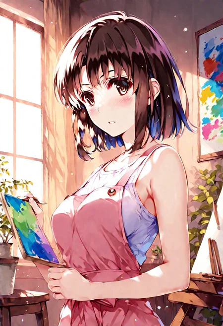 1girl, misaki_kurehito_1, katou megumi, Megumi,brown hair,kato megumi,brown eyes, short hair , medium breasts, bare shoulders, narrow mouth, solo, looking at viewer, masterpiece, best quality, paint-stained overalls, loose white shirt, sleeveless , messy art studio background, colorful paint splatters, canvas easel, scattered art supplies, holding paintbrush, dab of paint on cheek, creative inspired expression, sunlight through large windows, floating dust particles, potted plants, unfinished paintings, bohemian atmosphere, natural pose, artistic lighting, three-quarter view