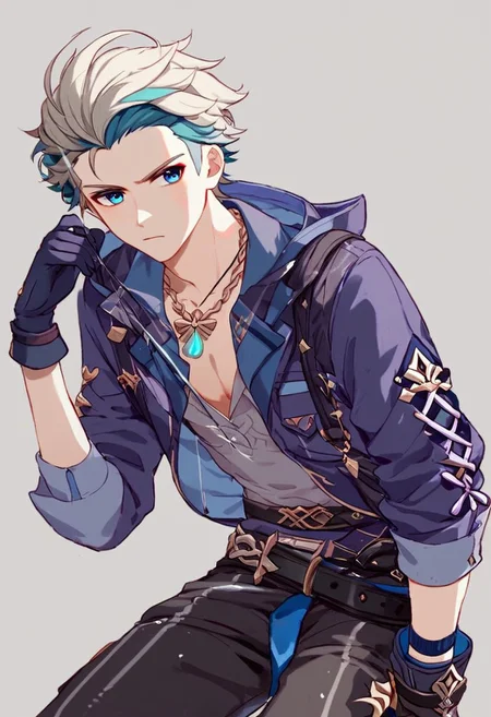 Score_9, score_8_up, score_7_up, Genshin Impact Style, source_anime, fishing dock, 1man, solo,
Older man, platinum blonde hair, purple cloth on forehead, short hair, blue eyes, serious, collared indigo shirt, chest pockets, lavender jacket, black leather belt, indigo gloves, baggy work pants, fishing boots, net sack, braided necklace