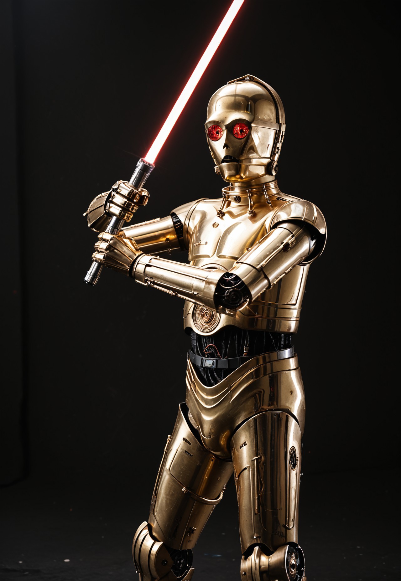 score_9_up, score_8_up, score_7_up, realism, 
1boy, c3po, android, robot male, golden metallic skin, red glowing eyes, black midriff with wiring, standing, arms raised, serious, angry, looking at viewer, standing, leaning in, wielding a lightsaber, holding a glowing red lightsaber, battle stance, sword fight, legs apart, cowboy shot, close-up, upper body, side view,
indoor, in a photostudio, black walls, day time, best quality, dynamic pose, masterpiece, natural lighting, lots of details, high resolution, 8K, colorful, dynamic shot, black background, red glow, zzLightSaber,