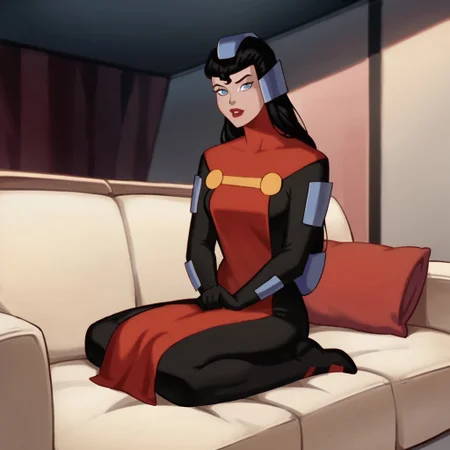 score_9, score_8_up, score_7_up, 1girl, solo, lipstick, black hair, long hair, blue eyes, bodysuit, helmet, Lara-El (dc), full body, looking at viewer, indoors, sitting, sitting on couch