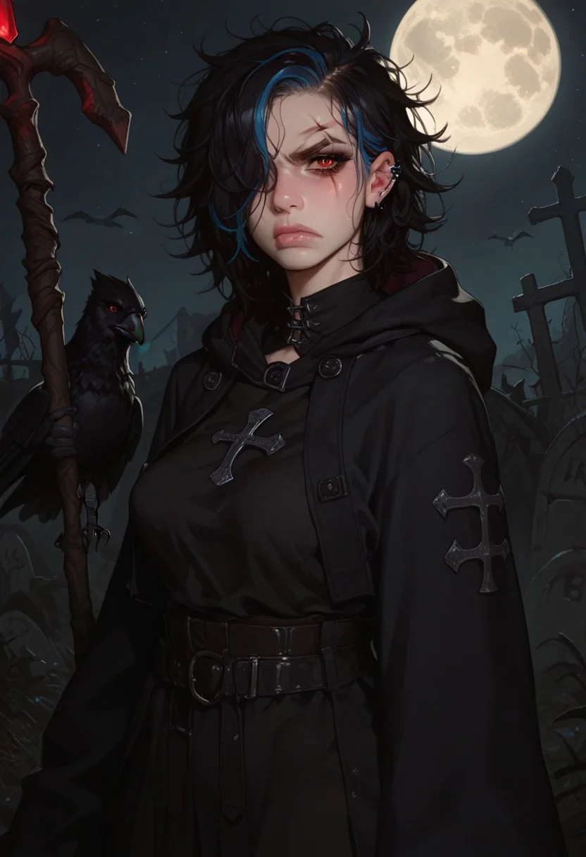score_9, score_8_up, score_7_up, very colourfull,
1 girl, red eyes, scar, goth, black hair, blue highlights, saggy breasts, messy hair, hair covering one eye, black hooded robes, hooded:1.3,
graveyard, holding a magic staff, crow:1.5, crow on her shoulder:1.5, night time, full moon, looking at viewer, disgust, bending forwards, hands on staff, grabbing staff:1.5, dark shadows across her face:1.5,