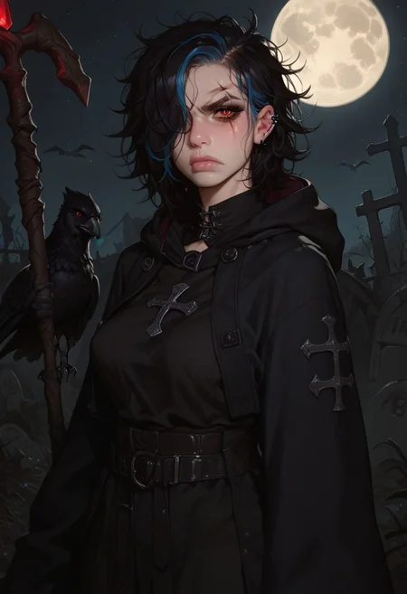 score_9, score_8_up, score_7_up, very colourfull,
1 girl, red eyes, scar, goth, black hair, blue highlights, saggy breasts, messy hair, hair covering one eye, black hooded robes, hooded:1.3,
graveyard, holding a magic staff, crow:1.5, crow on her shoulder:1.5, night time, full moon, looking at viewer, disgust, bending forwards, hands on staff, grabbing staff:1.5, dark shadows across her face:1.5,