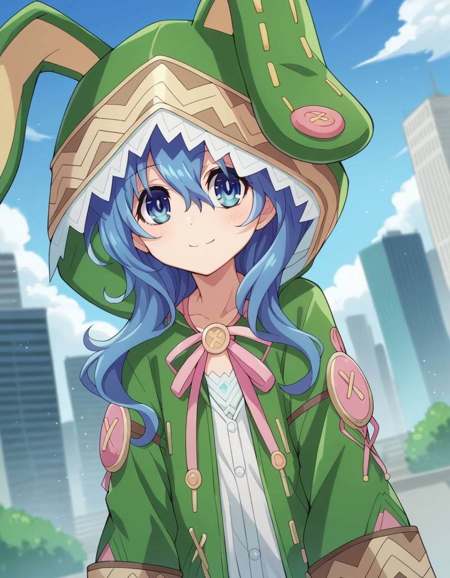 score_9, score_8_up, score_7_up, source_anime,
dalyoshino, <lora:dal-yoshino-s2-ponyxl-lora-nochekaiser:1>,
yoshino astral dress, long hair, blue eyes, ribbon, animal ears, hair between eyes, blue hair, hood, rabbit ears, coat, hood up, animal hood, rabbit hood, green coat,
outdoors, cityscape, smile,
looking at viewer, cowboy shot, dutch angle,