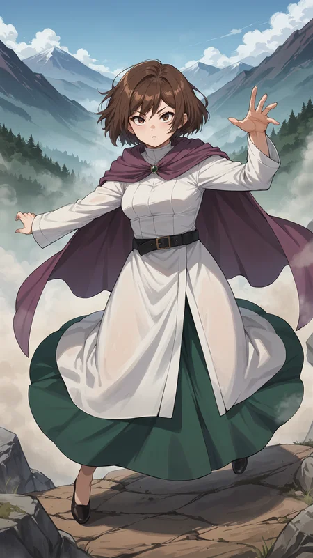 score_9,score_8_up,score_7_up,score_6_up, <lora:xl_more_art-full_v1:0.5>, source_anime, girl, dynamic pose, legs apart, <lora:Ehre - Pony:0.8>, short hair, brown hair, brown eyes, white dress, white robe, long sleeves, purple cape, black belt, green skirt, long skirt, horizon, mountainous horizon, rolling hills, fog, mist,