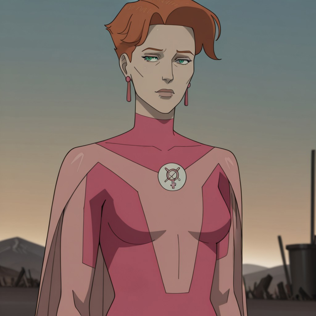 masterpiece, best quality, newest, absurdres, highres, 1girl, AT0Meve-INVPACK.V1.0-FUTURE, mature, mature female, short hair, redhead, ginger, orange hair, green eyes, jewelry, earrings, AT0Meve-INVPACK.V1.0-Superherooutfit+white-pants, white pants, pink bodysuit, superhero, cape, short cape, bodysuit, gloves, knee boots, pink footwearm boots,