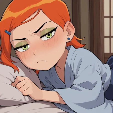 Gwendolyn_Tennyson, Orange hair, Green eyes, Kimono, eyeshadow, solo, 1girl, amazing quality, very aesthetic, newest, solo, masterpiece, absurdres, amazing quality, looking at viewer, half closed eyes, annoyed, BREAK, bedroom, laying on bed,