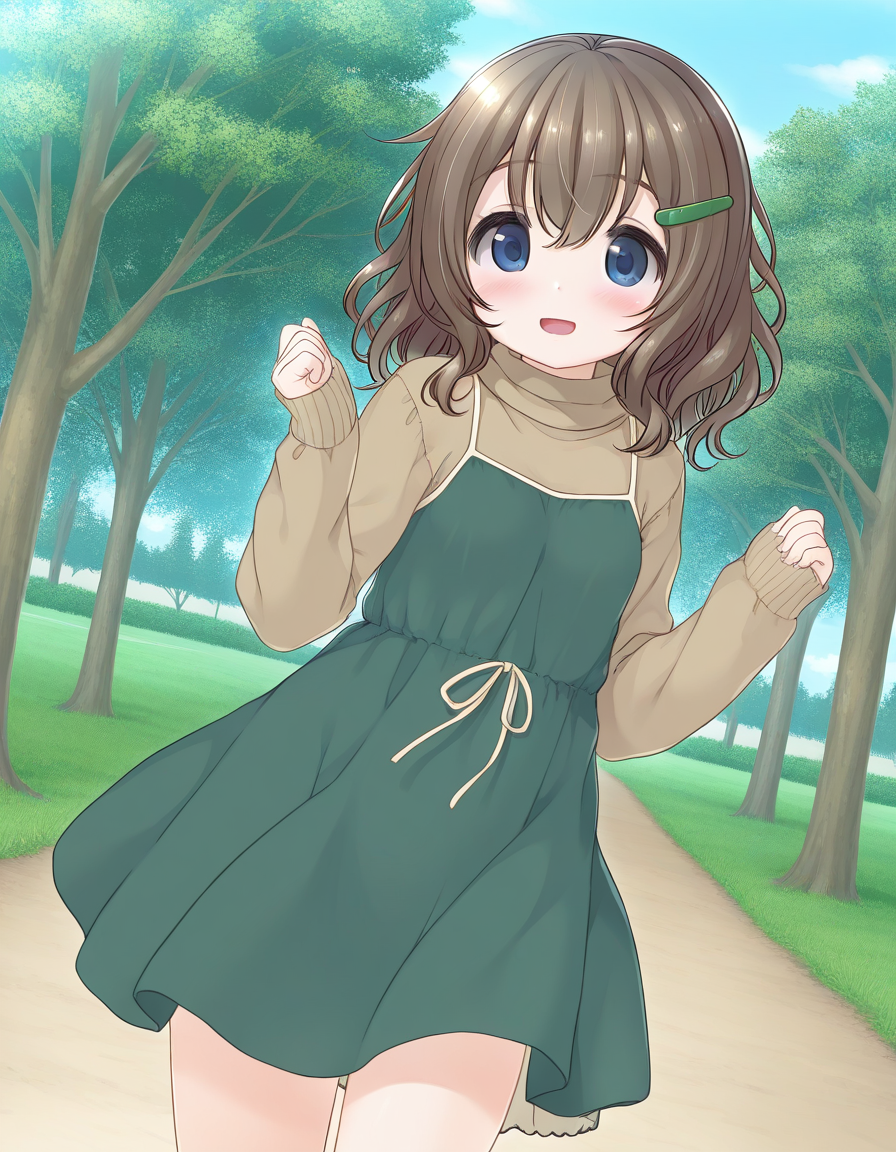 general,highres, ultra-detailed,very aesthetic,best quality ,best hands,  BREAK <lora:Fukami_Nonoka_IS:1> FukamiNonoka, 1girl,solo, bangs, medium hair, brown hair, hairclip, blue eyes, 
solo, blush, dress, looking at viewer, long sleeves, parted lips, hair between eyes, green dress, cowboy shot, clenched hands, turtleneck, sweater, hands up, sleeves past wrists, sleeveless dress, standing, open mouth, wavy hair, long hair,
smile, happy,
grass, spring, tree, sky,
