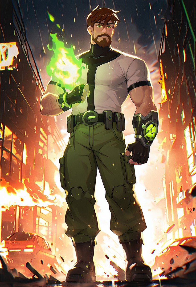 masterpiece, best quality, amazing quality, very aesthetic, absurdres, newest,,
  ben10k, brown hair, male focus, facial hair, beard, short hair, mustache, mature male, muscular, green eyes, white shirt, green cargo pants, black boots, utility belt, turtle neck,  full facial hair,, two-tone hair, black gauntlet on right arm, fingerless gloves, 
raining city, car on fire in the background, glowing watch, green glow, fire everywhere, destroyed city,