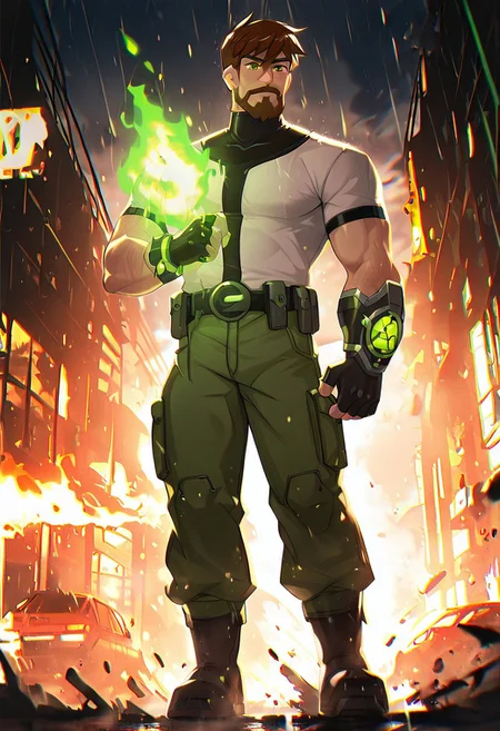 masterpiece, best quality, amazing quality, very aesthetic, absurdres, newest,,
ben10k, brown hair, male focus, facial hair, beard, short hair, mustache, mature male, muscular, green eyes, white shirt, green cargo pants, black boots, utility belt, turtle neck, full facial hair,, two-tone hair, black gauntlet on right arm, fingerless gloves,
raining city, car on fire in the background, glowing watch, green glow, fire everywhere, destroyed city,