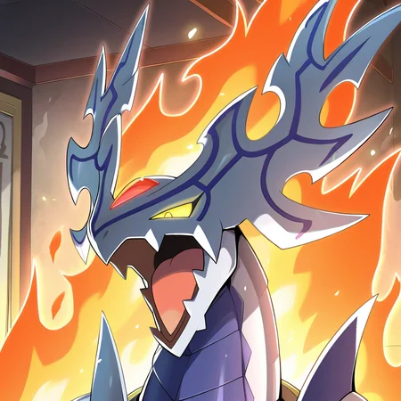 highres, best quality, masterpiece, very aesthetic, newest, year_2024, year_2023, year_2022,<lora:DorugoramonIllustrious:1>, dorugoramon,solo, pokemon,portrait,cropped,yellow eyes,red forehead gem,horns,open mouth,glowing eyes,shaded face,indoors,fire,inferno