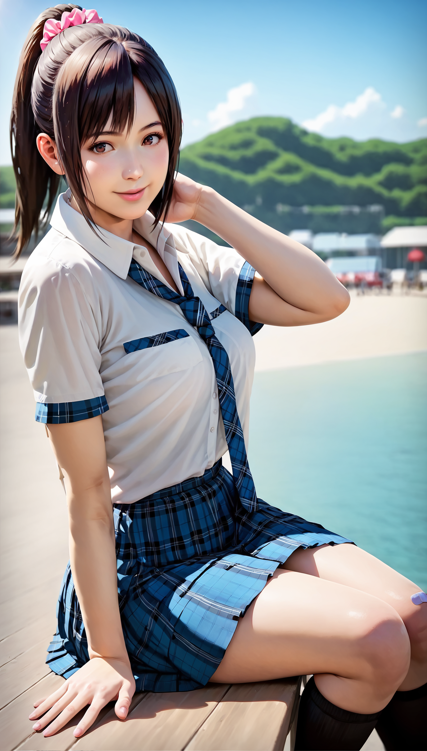 score_9,score_8_up,score_7_up,
<lora:miiyamotoHikari:0.8>,miiyamotohikari,1girl,solo,
vignetting,blurry background,
realistic,black hair,ponytail,bangs,scrunchie,pink scrunchie,
brown eyes,
school uniform,white shirt,skirt,pleated skirt,plaid skirt,blue plaid skirt,necktie,plaid necktie,blue plaid necktie,wristband,red wristband,kneehighs,black kneehighs,bandaid on knee,
looking at viewer,smile,lips,
medium breasts,thick thighs,best hips,
outdoors,sea,street,
upper body,portrait,face focus,