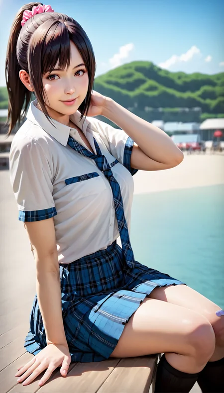 score_9,score_8_up,score_7_up,
<lora:miiyamotoHikari:0.8>,miiyamotohikari,1girl,solo,
vignetting,blurry background,
realistic,black hair,ponytail,bangs,scrunchie,pink scrunchie,
brown eyes,
school uniform,white shirt,skirt,pleated skirt,plaid skirt,blue plaid skirt,necktie,plaid necktie,blue plaid necktie,wristband,red wristband,kneehighs,black kneehighs,bandaid on knee,
looking at viewer,smile,lips,
medium breasts,thick thighs,best hips,
outdoors,sea,street,
upper body,portrait,face focus,