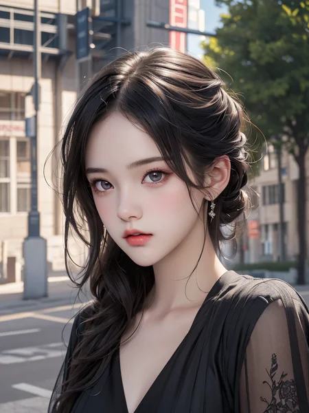 1girl, (masterpiece, best quality), RAW photo, 16k wallpaper, extremely detailed CG, amazing, ultra detailed, hyperrealistic, official art, High quality texture, incredibly absurdres, highres, 18 years old, cute girl, beautiful face, detailed large black eyes,random background,outdoors,full body, ((random expressions)),