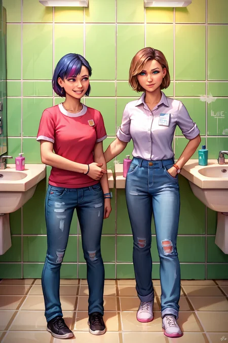 (zPDXL), zPDXLpg, 2girls, standing at the sink in public restroom