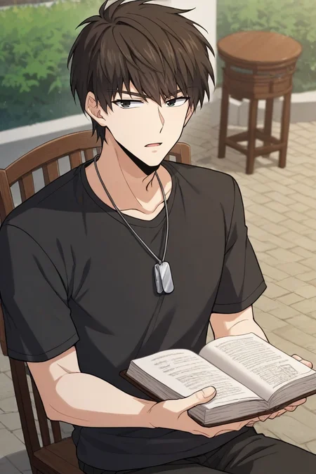 score_9, score_8_up, score_7_up,score_6_up,score_5_up,score_4_up,source_anime,BREAK, rating_safe, intricate details, , anime screencap, anime coloring, official style, depth of field,1boy, solo, male focus,<lora:nie_ting:0.88>,nie ting,dark brown hair,messy black hair,black eyes,short hair,,open mouth,shirt,holding, jewelry, sitting, collarbone, male focus, short sleeves, outdoors, pants, necklace,black shirt, looking at you, book, black pants, chair, t-shirt, holding book, open book, on chair, dog tags,Recliner wooden chair,background traditional chinese house,courtyard,from above , , , <lora:sdxl_lightning_8step_lora_315544:1>